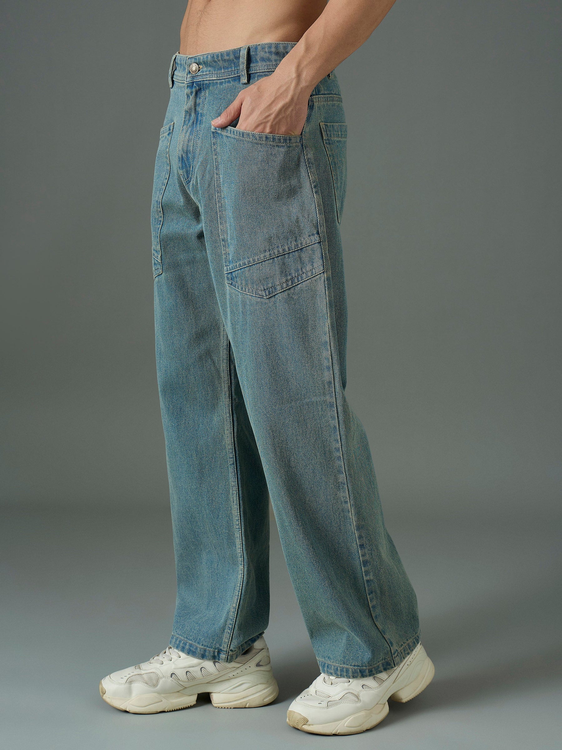 Light Blue Wash Front Pocket Relax Fit Jeans-MASCLN SASSAFRAS