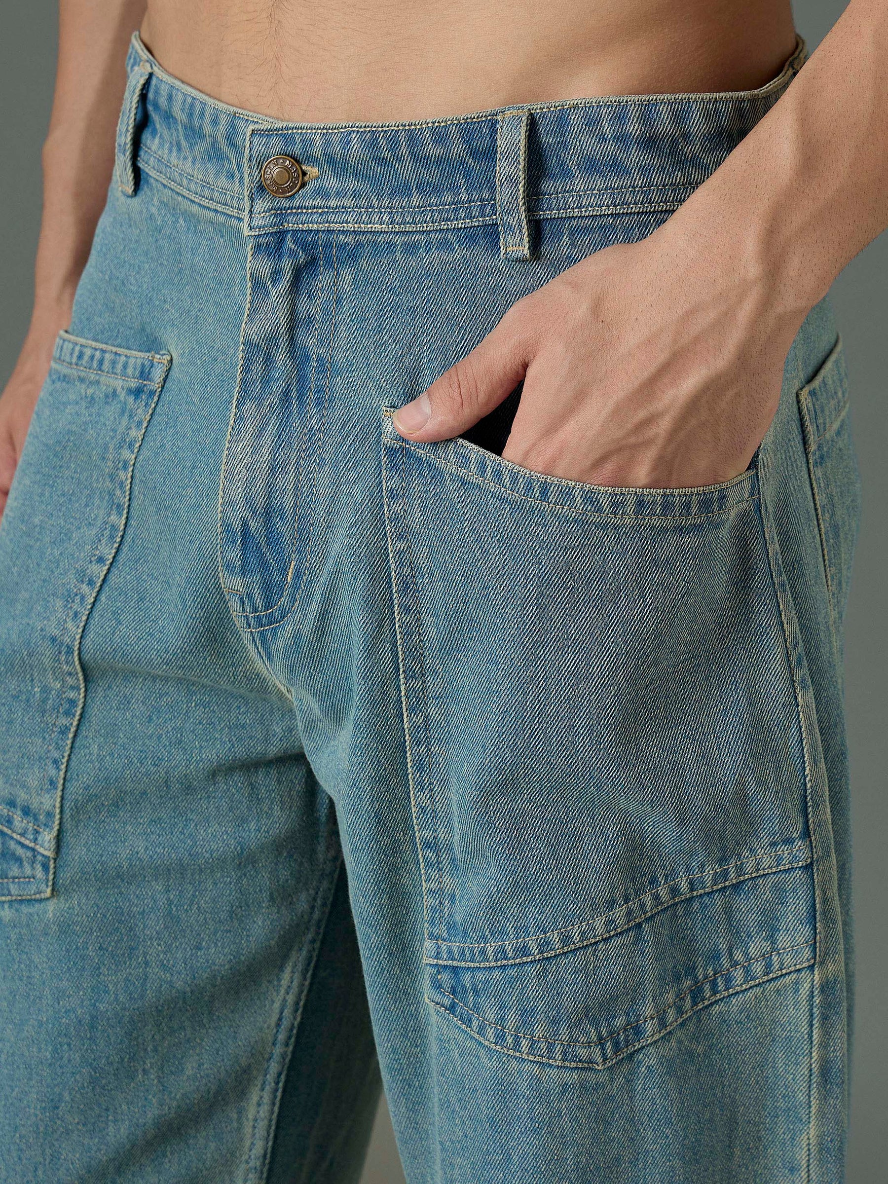 Light Blue Wash Front Pocket Relax Fit Jeans-MASCLN SASSAFRAS