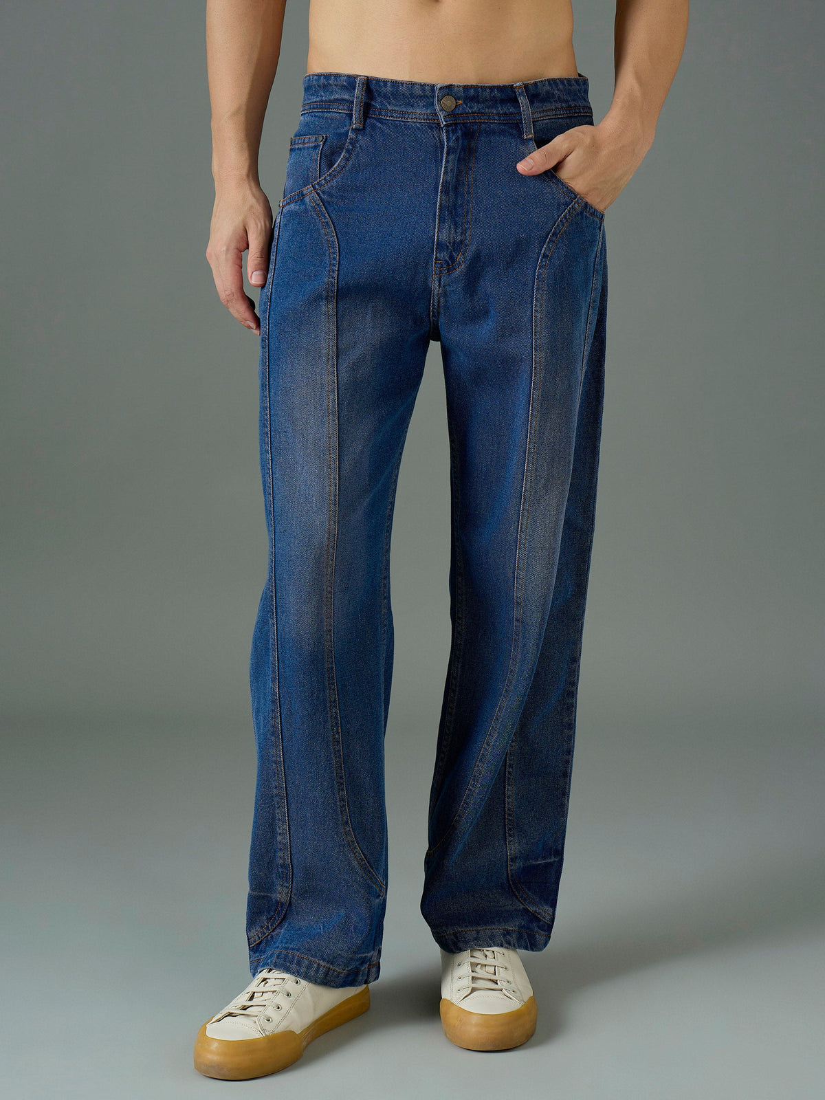 Navy Blue Front Detail Wide Leg Jeans-MASCLN SASSAFRAS