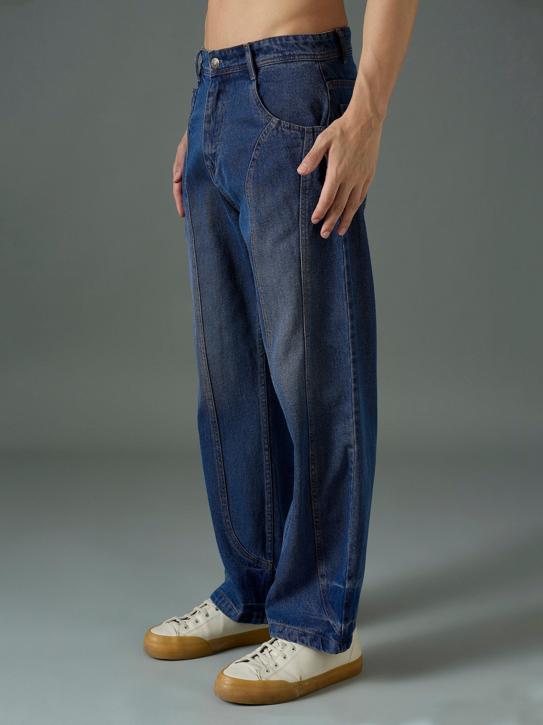 Navy Blue Front Detail Wide Leg Jeans-MASCLN SASSAFRAS