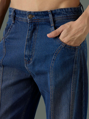 Navy Blue Front Detail Wide Leg Jeans-MASCLN SASSAFRAS