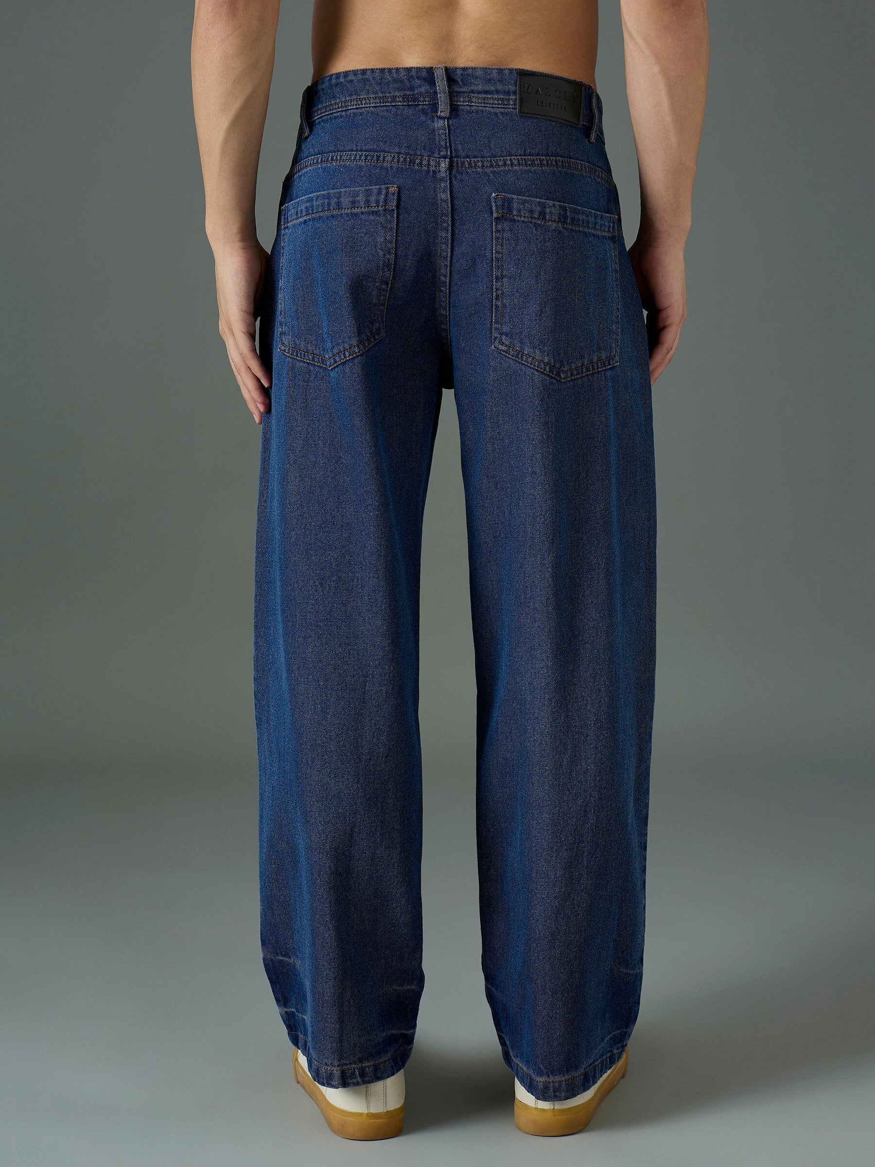 Navy Blue Front Detail Wide Leg Jeans-MASCLN SASSAFRAS