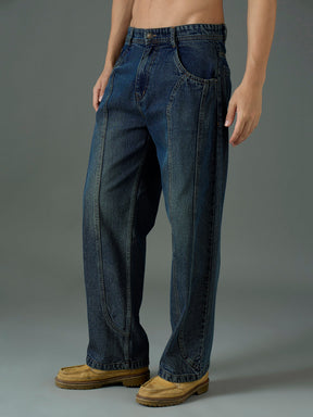 Blue Front Detail Wide Leg Jeans-MASCLN SASSAFRAS