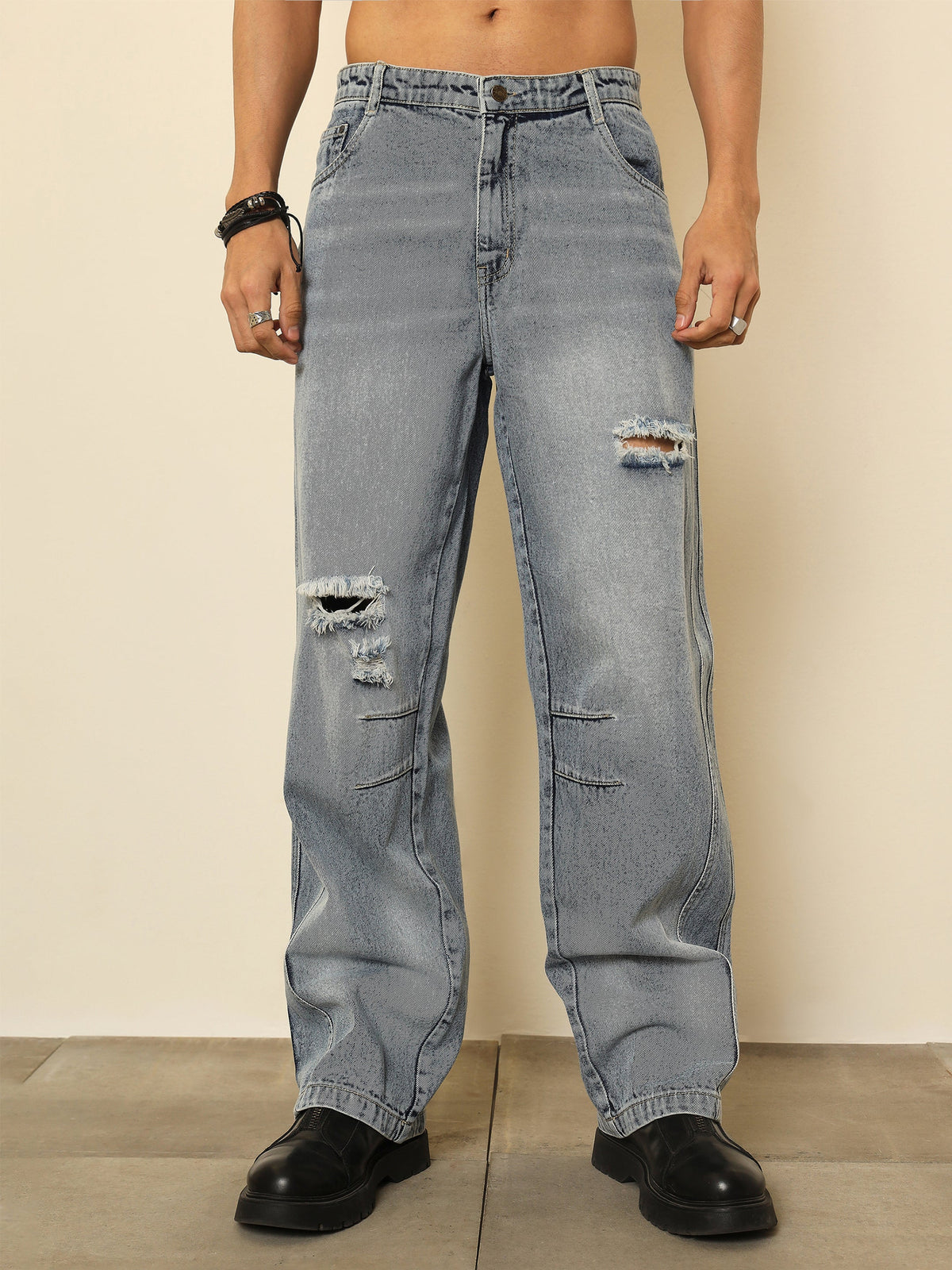 Light Blue Distressed Darted-Knee Relax Fit Jeans-MASCLN SASSAFRAS