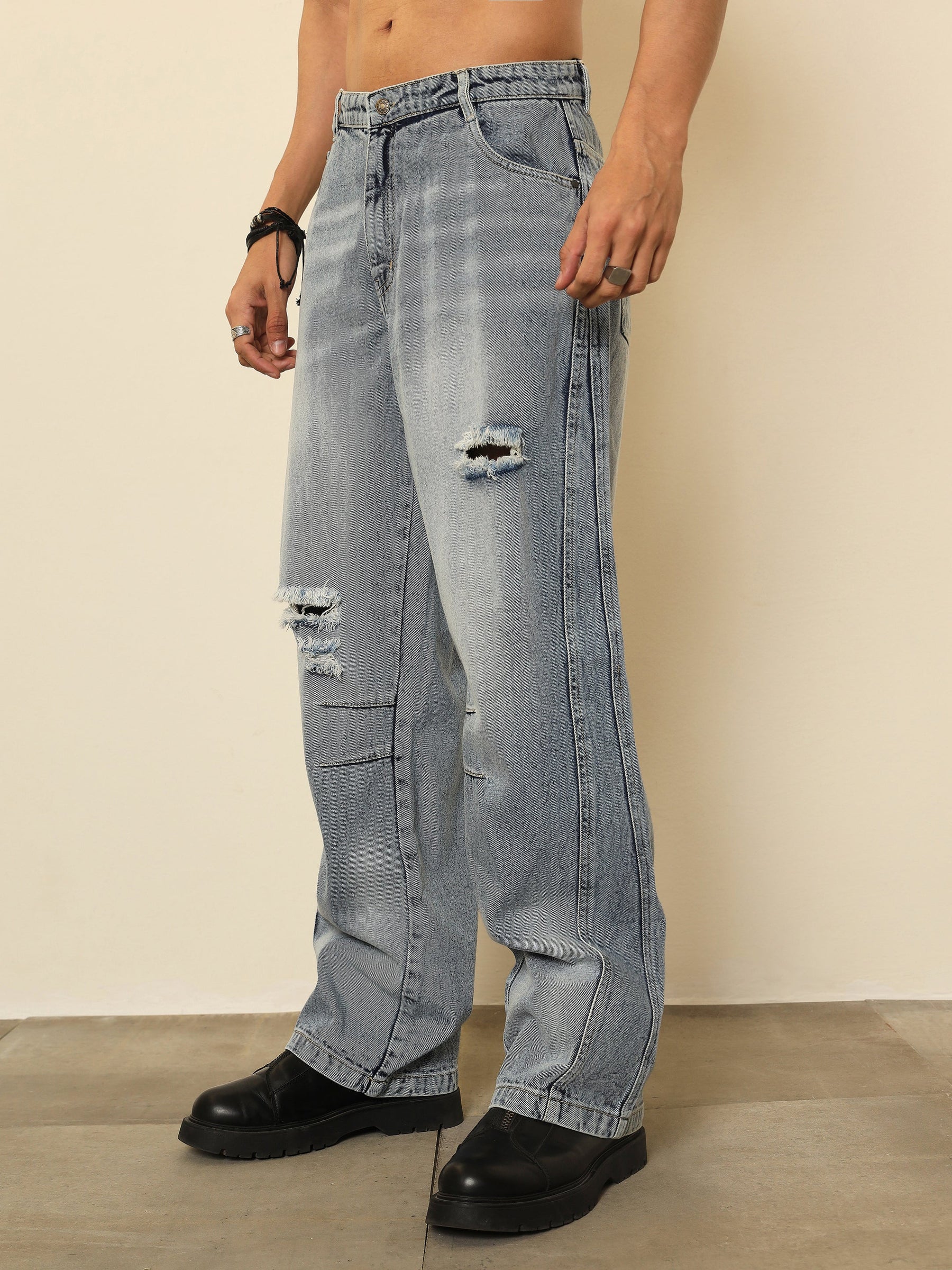 Light Blue Distressed Darted-Knee Relax Fit Jeans-MASCLN SASSAFRAS