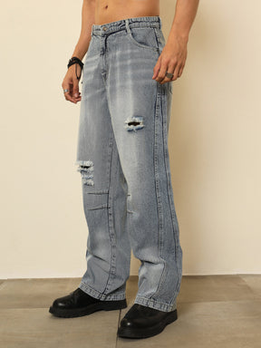 Light Blue Distressed Darted-Knee Relax Fit Jeans-MASCLN SASSAFRAS