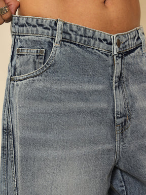 Light Blue Distressed Darted-Knee Relax Fit Jeans-MASCLN SASSAFRAS