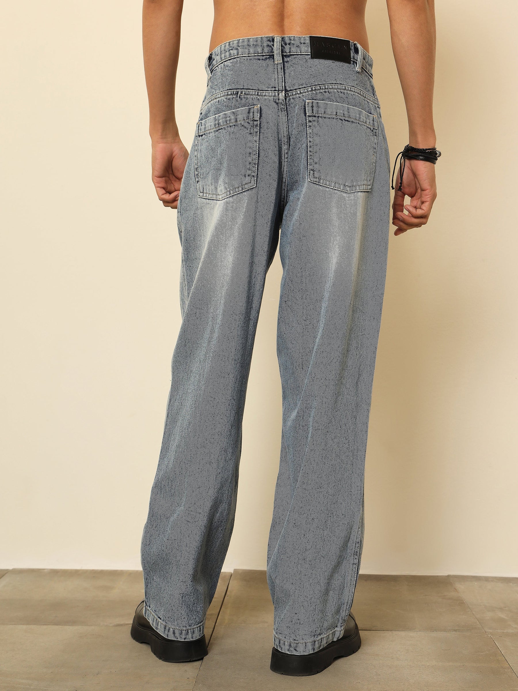 Light Blue Distressed Darted-Knee Relax Fit Jeans-MASCLN SASSAFRAS