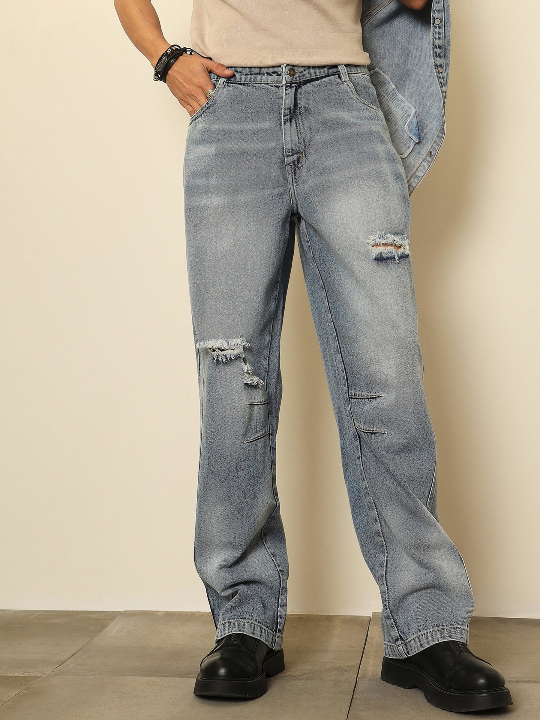Light Blue Distressed Darted-Knee Relax Fit Jeans-MASCLN SASSAFRAS