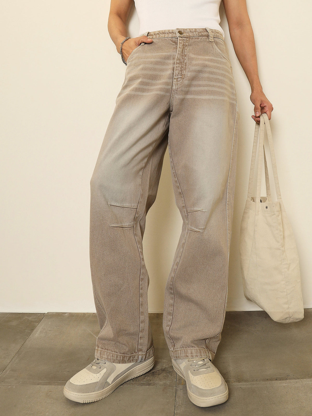 Light Brown Darted-Knee Relax Fit Jeans-MASCLN SASSAFRAS