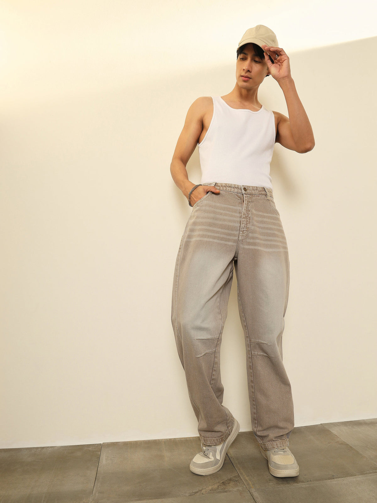 Light Brown Darted-Knee Relax Fit Jeans-MASCLN SASSAFRAS