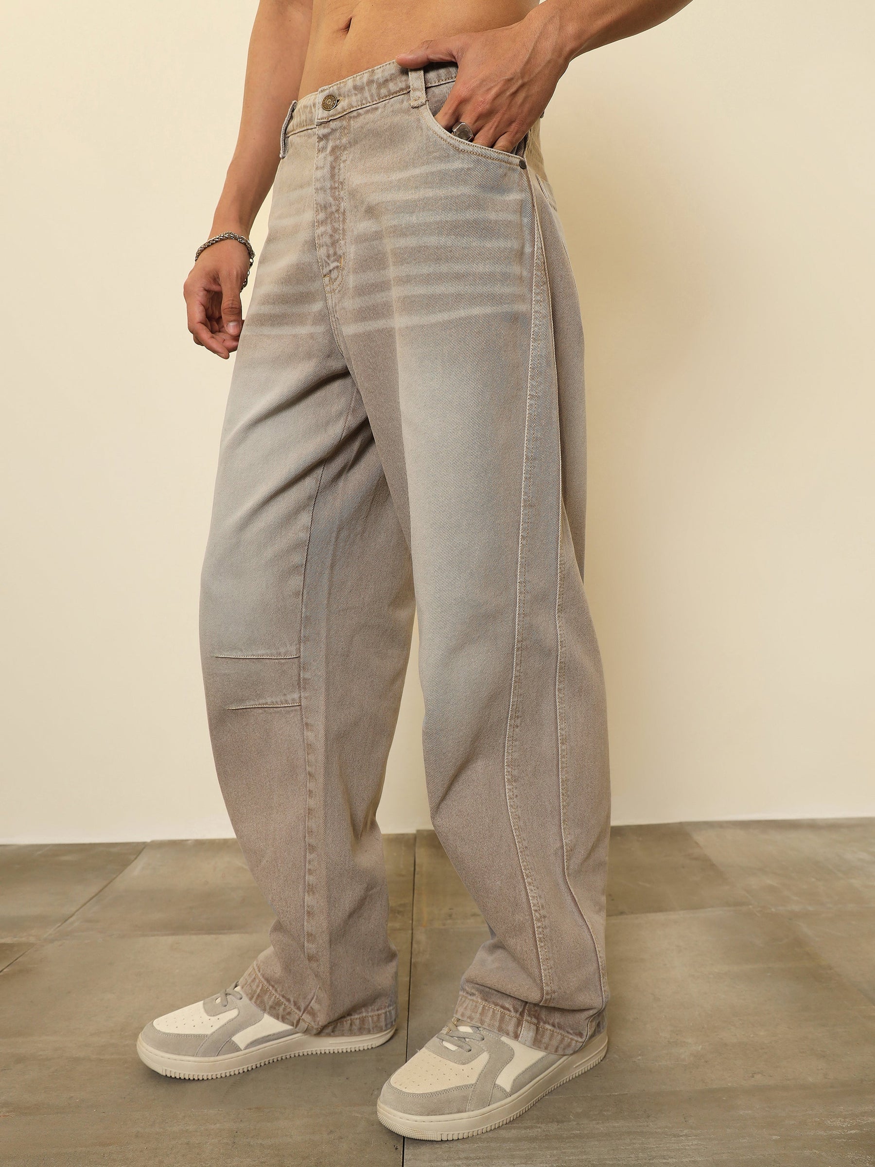Light Brown Darted-Knee Relax Fit Jeans-MASCLN SASSAFRAS