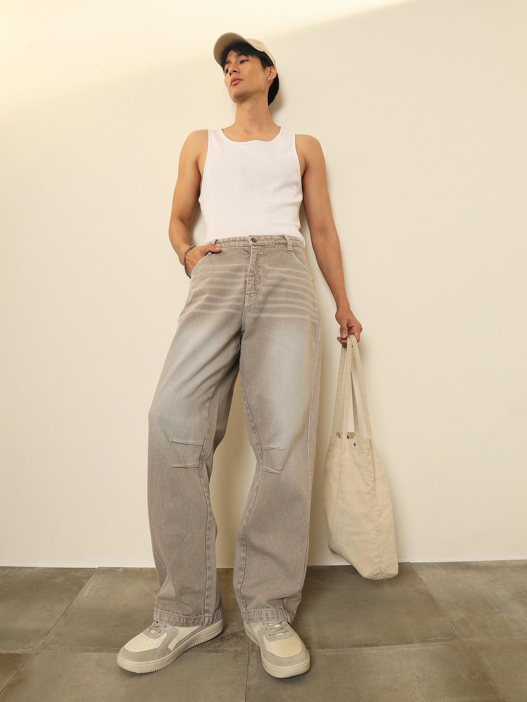 Light Brown Darted-Knee Relax Fit Jeans-MASCLN SASSAFRAS