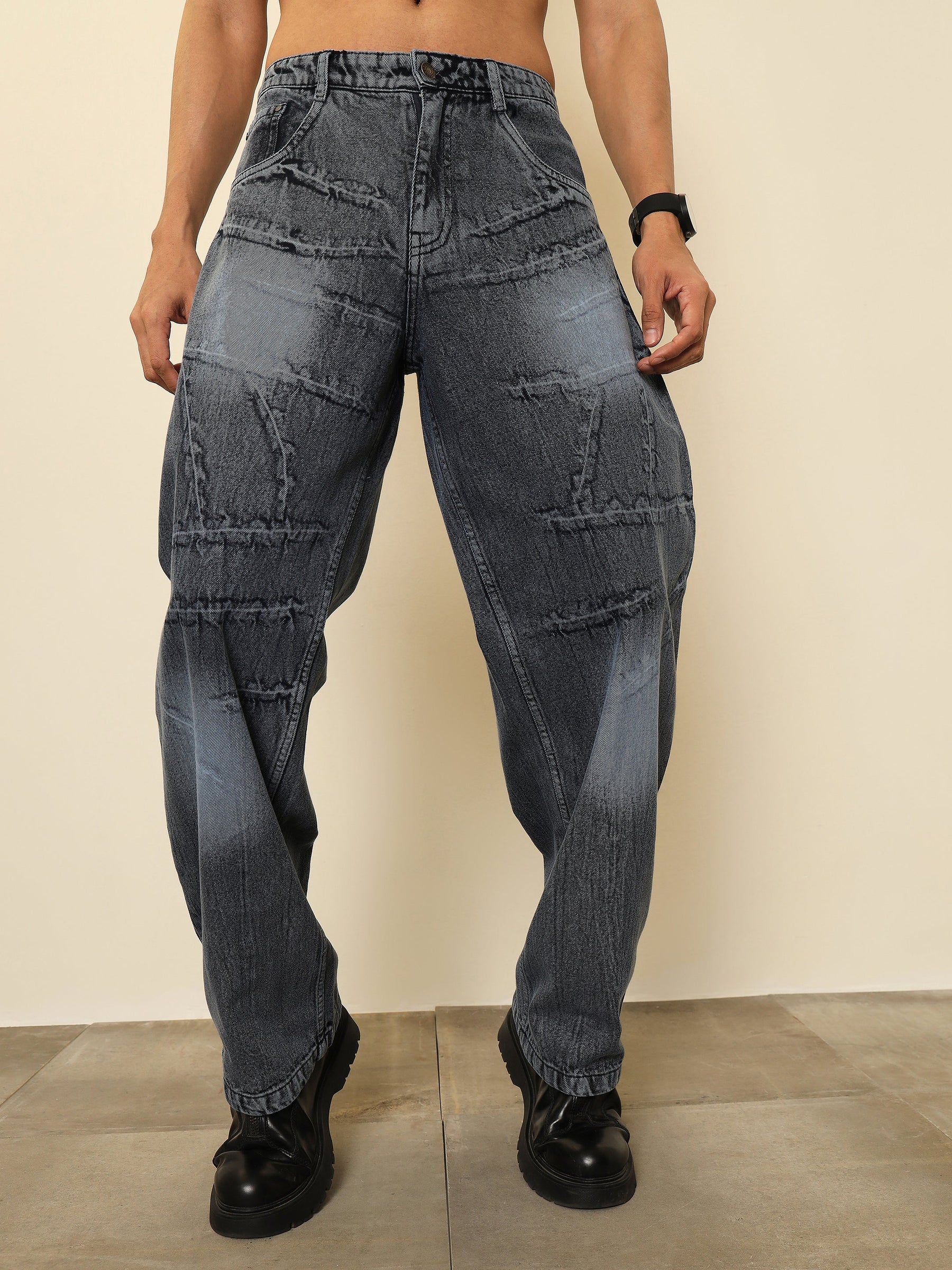 Grey Crinkled-Wash Effect Relax Fit Jeans-MASCLN SASSAFRAS