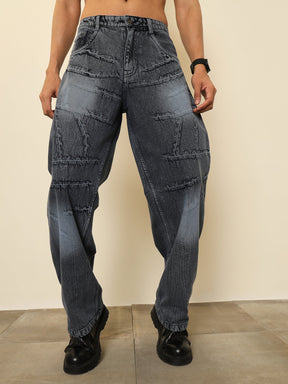 Grey Crinkled-Wash Effect Relax Fit Jeans-MASCLN SASSAFRAS