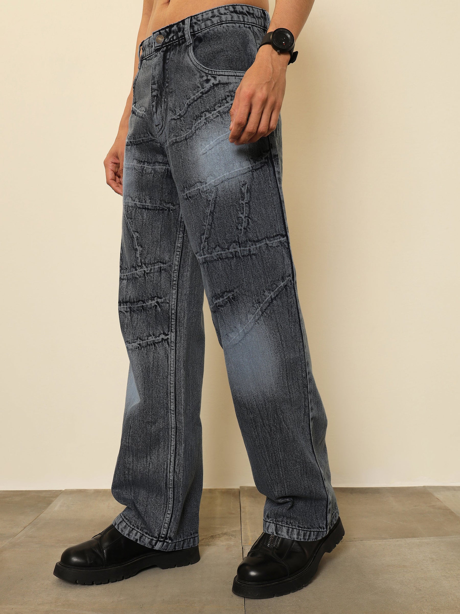 Grey Crinkled-Wash Effect Relax Fit Jeans-MASCLN SASSAFRAS