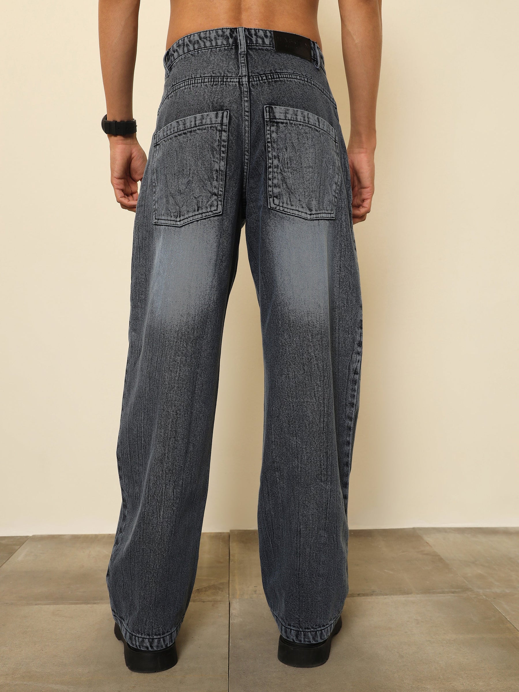 Grey Crinkled-Wash Effect Relax Fit Jeans-MASCLN SASSAFRAS