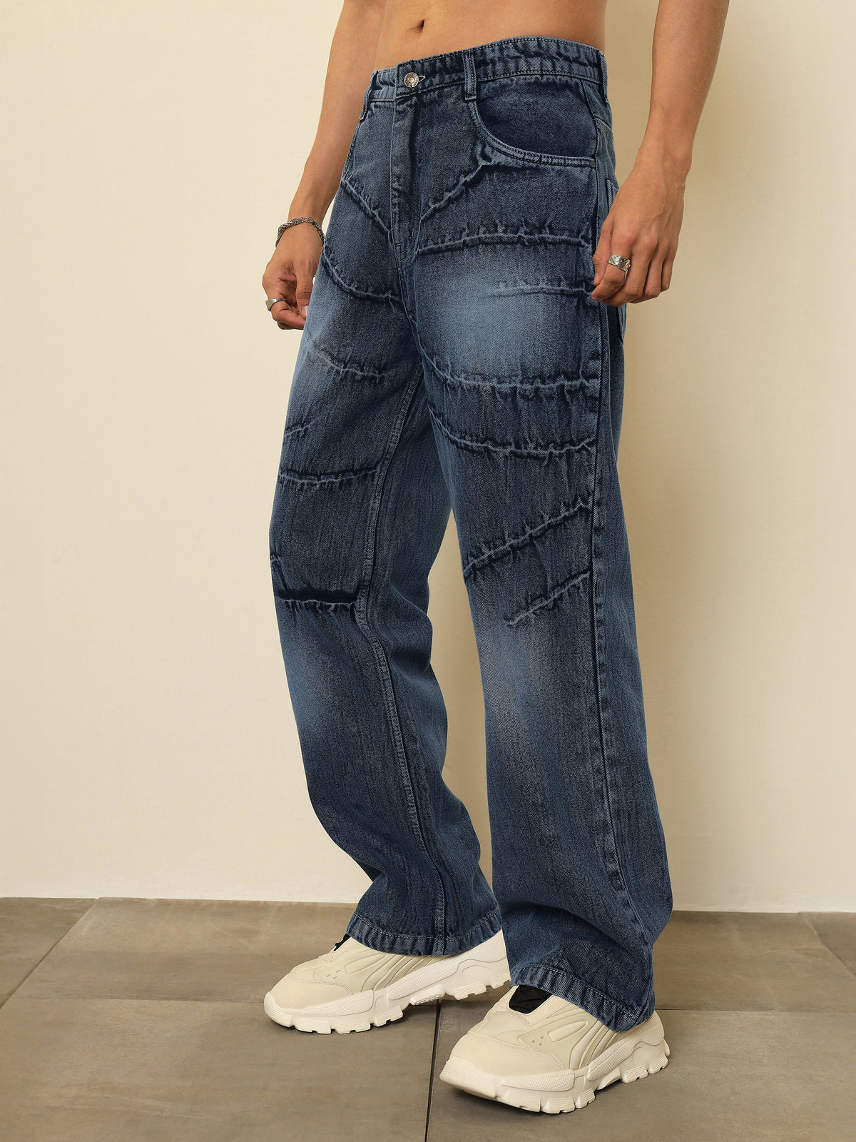 Dark Blue Crinkled-Wash Effect Relax Fit Jeans-MASCLN SASSAFRAS