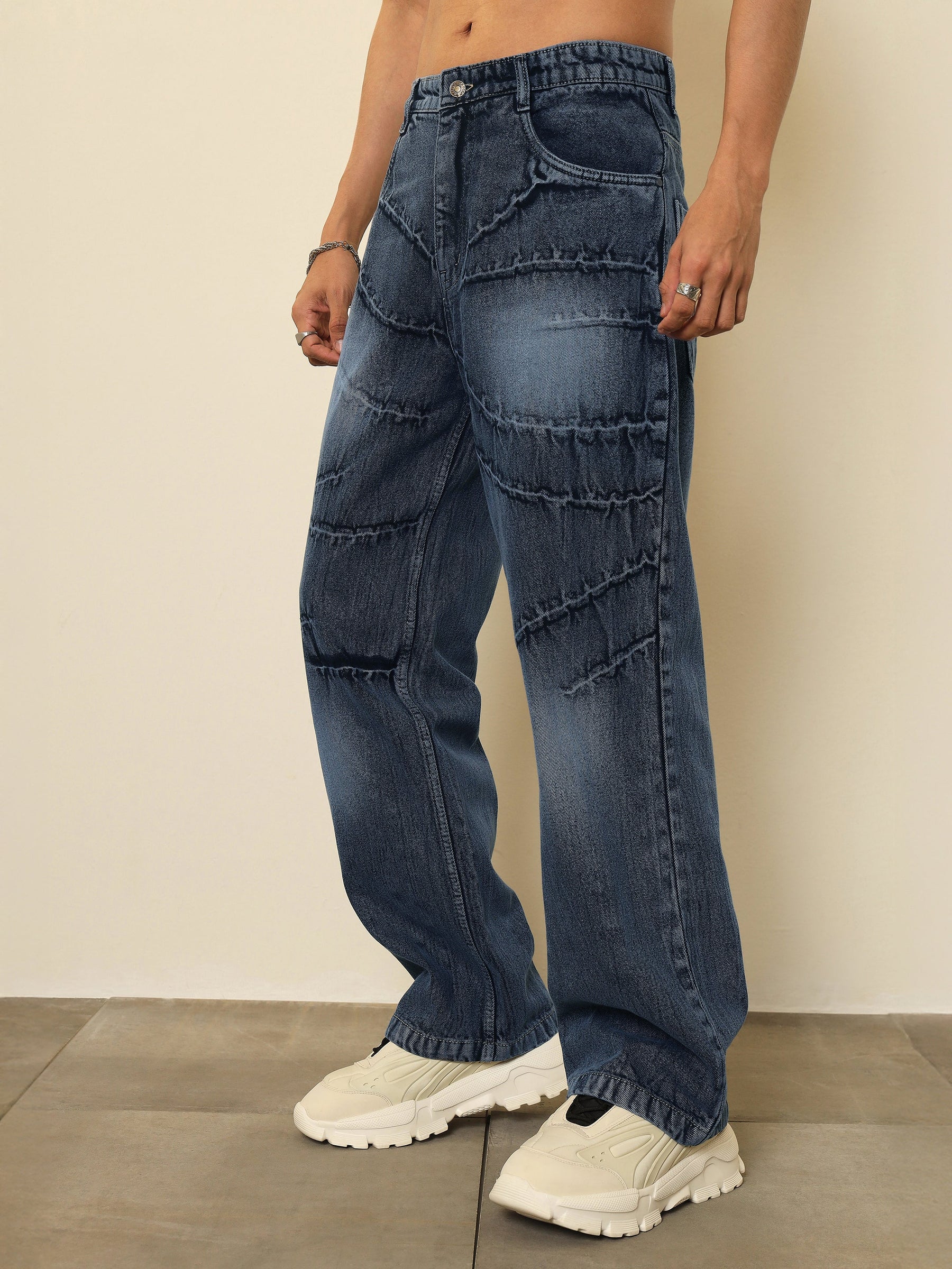 Dark Blue Crinkled-Wash Effect Relax Fit Jeans-MASCLN SASSAFRAS