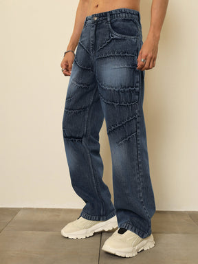 Dark Blue Crinkled-Wash Effect Relax Fit Jeans-MASCLN SASSAFRAS