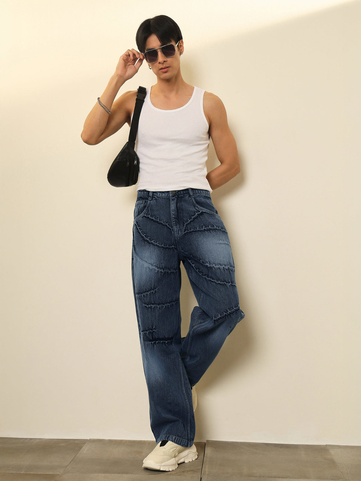 Dark Blue Crinkled-Wash Effect Relax Fit Jeans-MASCLN SASSAFRAS