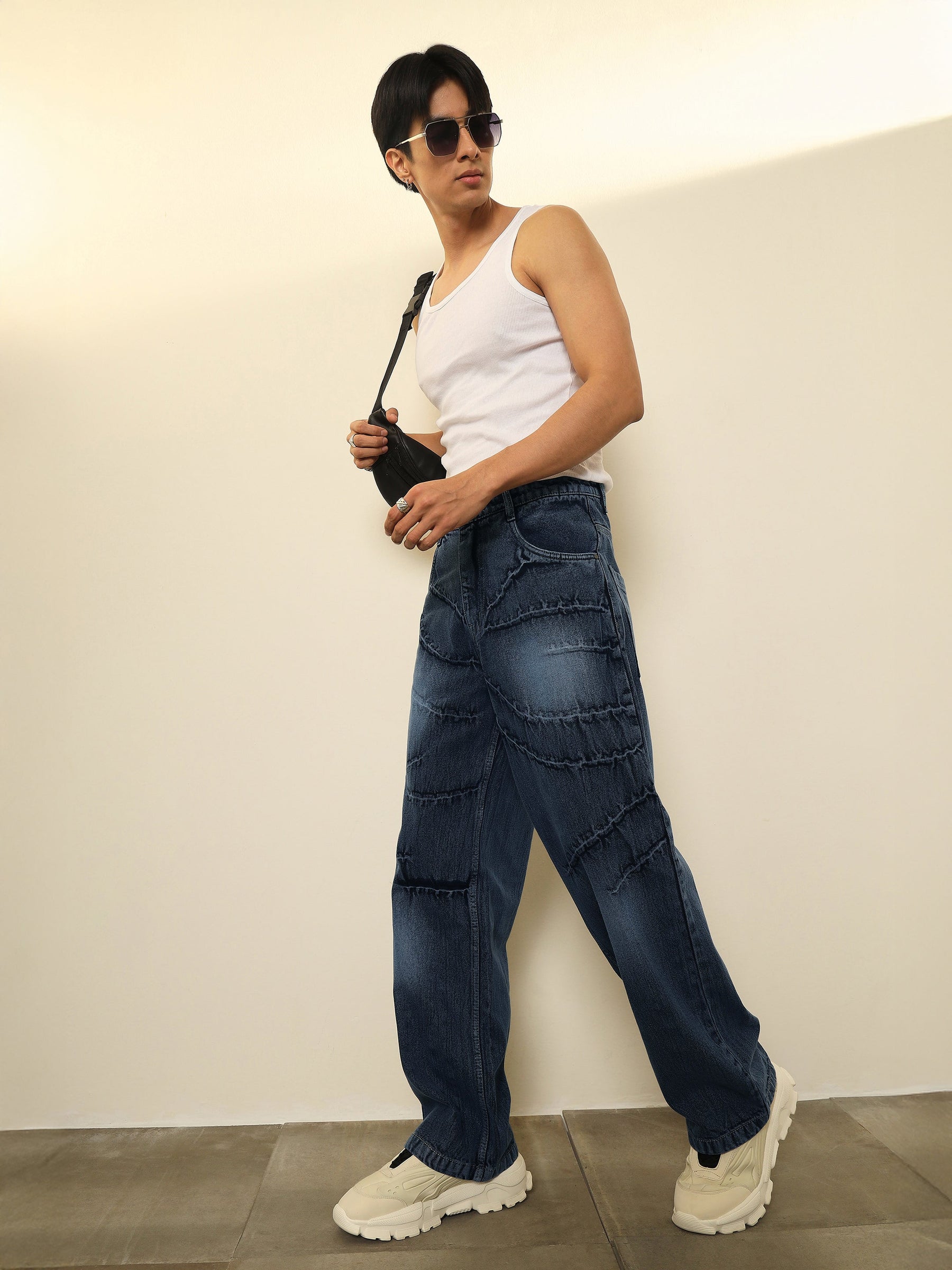 Dark Blue Crinkled-Wash Effect Relax Fit Jeans-MASCLN SASSAFRAS