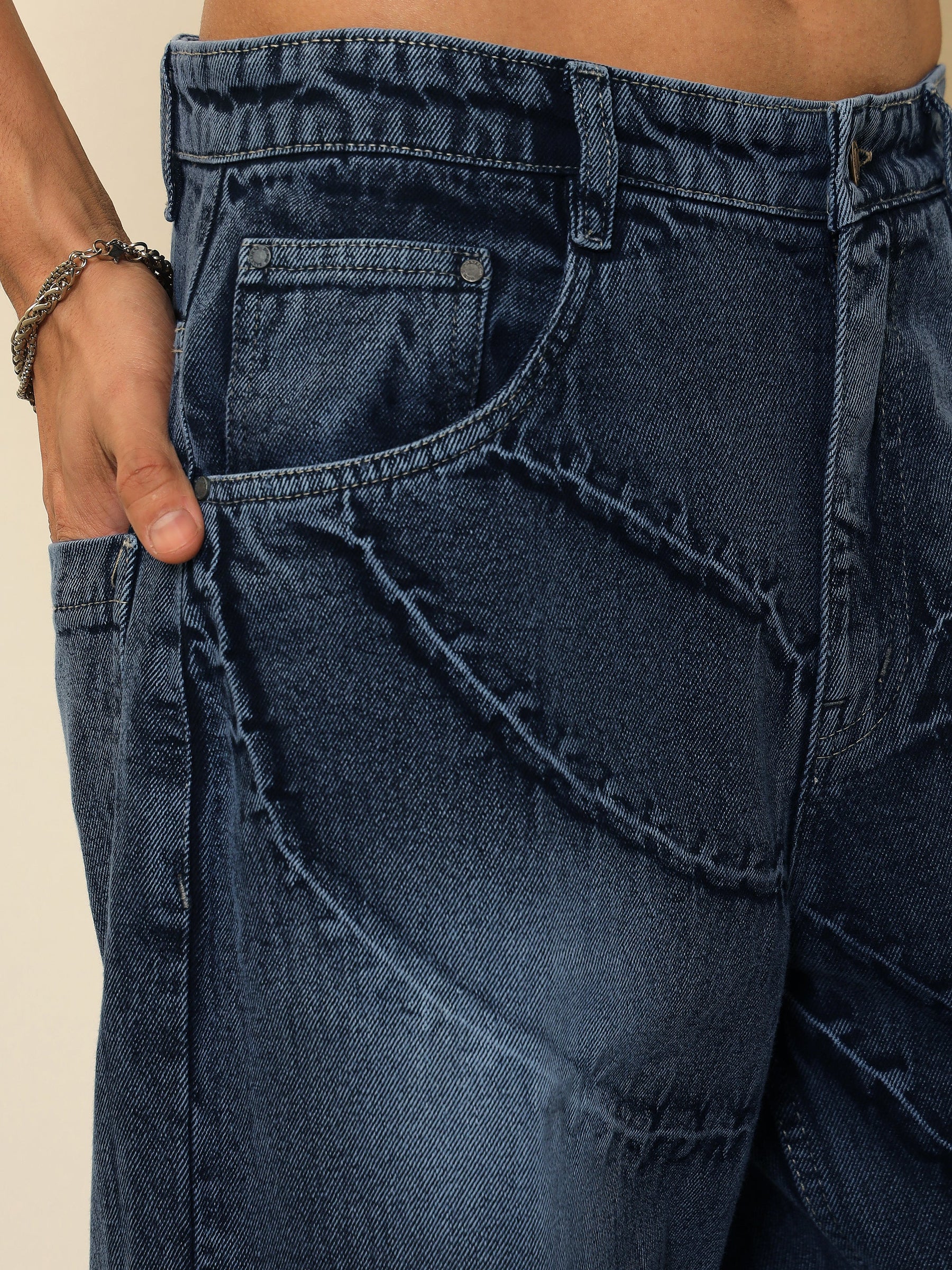 Dark Blue Crinkled-Wash Effect Relax Fit Jeans-MASCLN SASSAFRAS