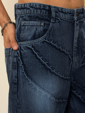 Dark Blue Crinkled-Wash Effect Relax Fit Jeans-MASCLN SASSAFRAS