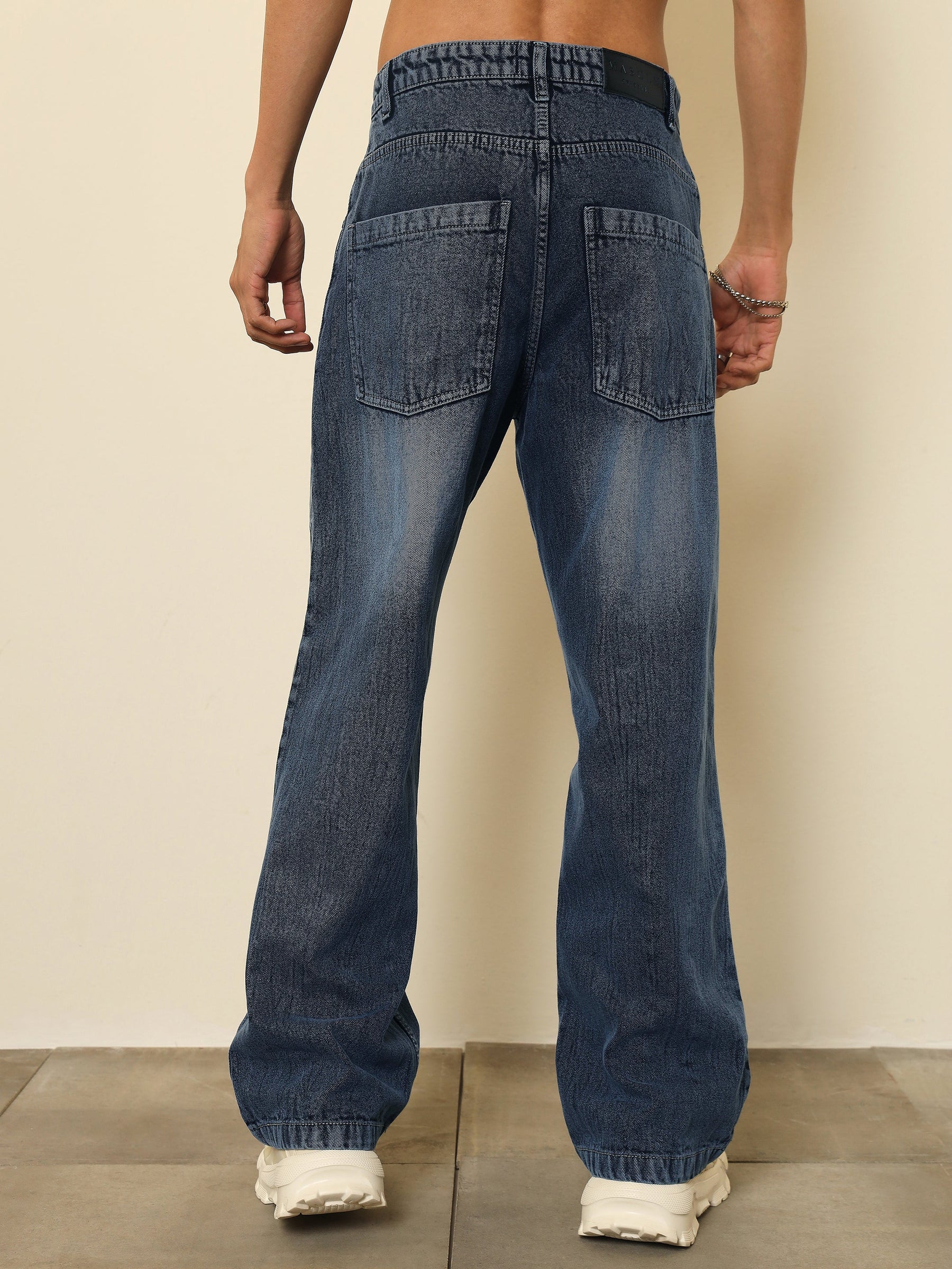 Dark Blue Crinkled-Wash Effect Relax Fit Jeans-MASCLN SASSAFRAS