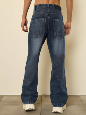 Dark Blue Crinkled-Wash Effect Relax Fit Jeans-MASCLN SASSAFRAS