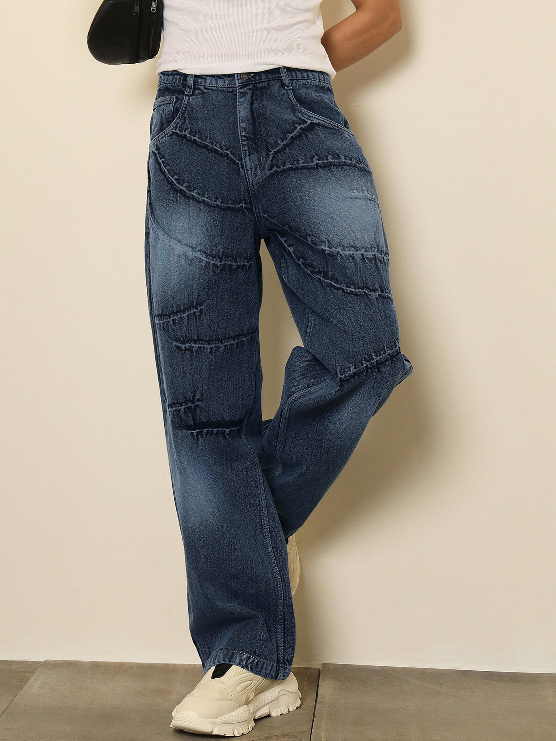Dark Blue Crinkled-Wash Effect Relax Fit Jeans-MASCLN SASSAFRAS