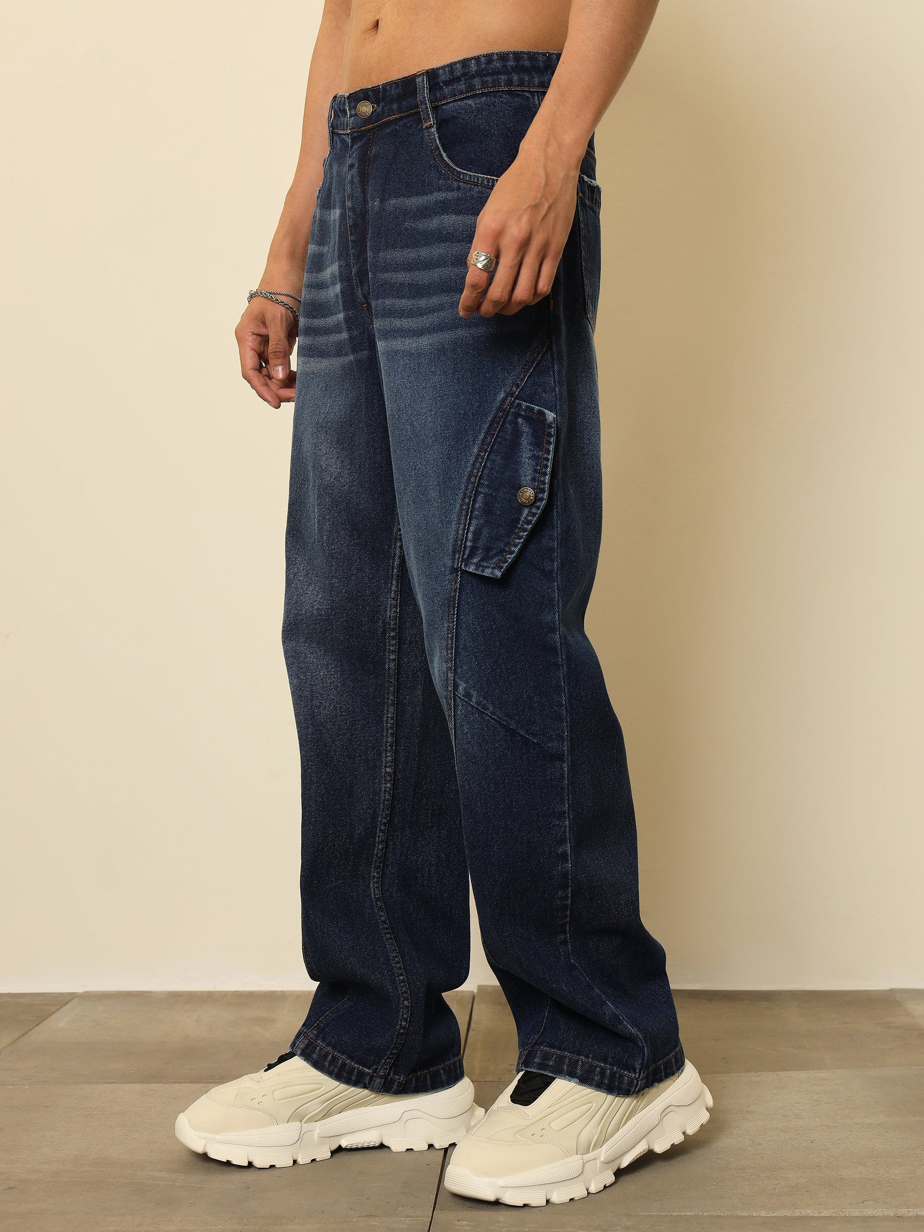 Dark Blue Washed Side Flap Relax Fit Jeans-MASCLN SASSAFRAS