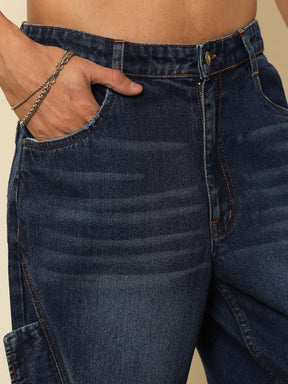Dark Blue Washed Side Flap Relax Fit Jeans-MASCLN SASSAFRAS