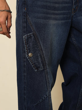 Dark Blue Washed Side Flap Relax Fit Jeans-MASCLN SASSAFRAS