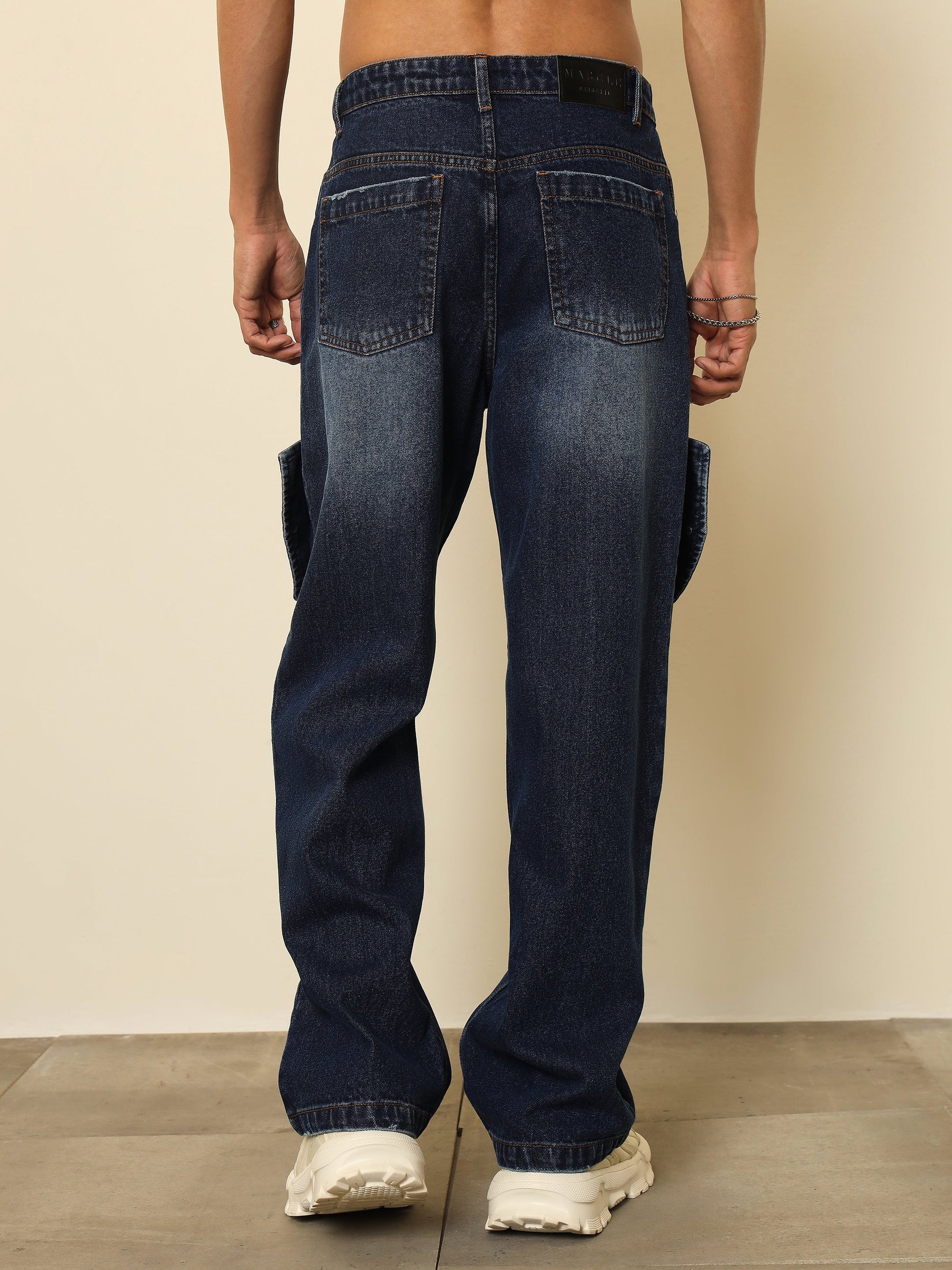 Dark Blue Washed Side Flap Relax Fit Jeans-MASCLN SASSAFRAS