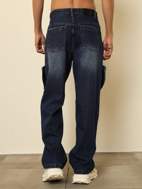 Dark Blue Washed Side Flap Relax Fit Jeans-MASCLN SASSAFRAS
