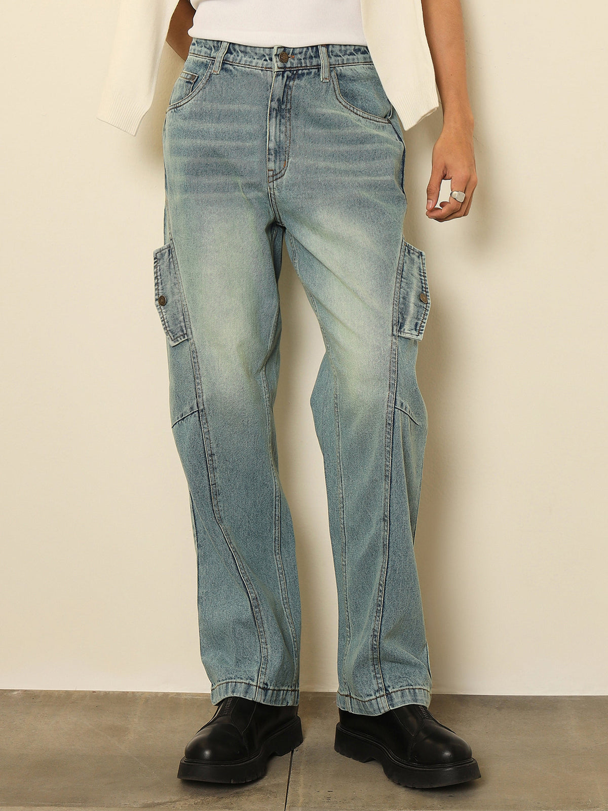 Blue Acid Wash Side Flap Relax Fit Jeans-MASCLN SASSAFRAS