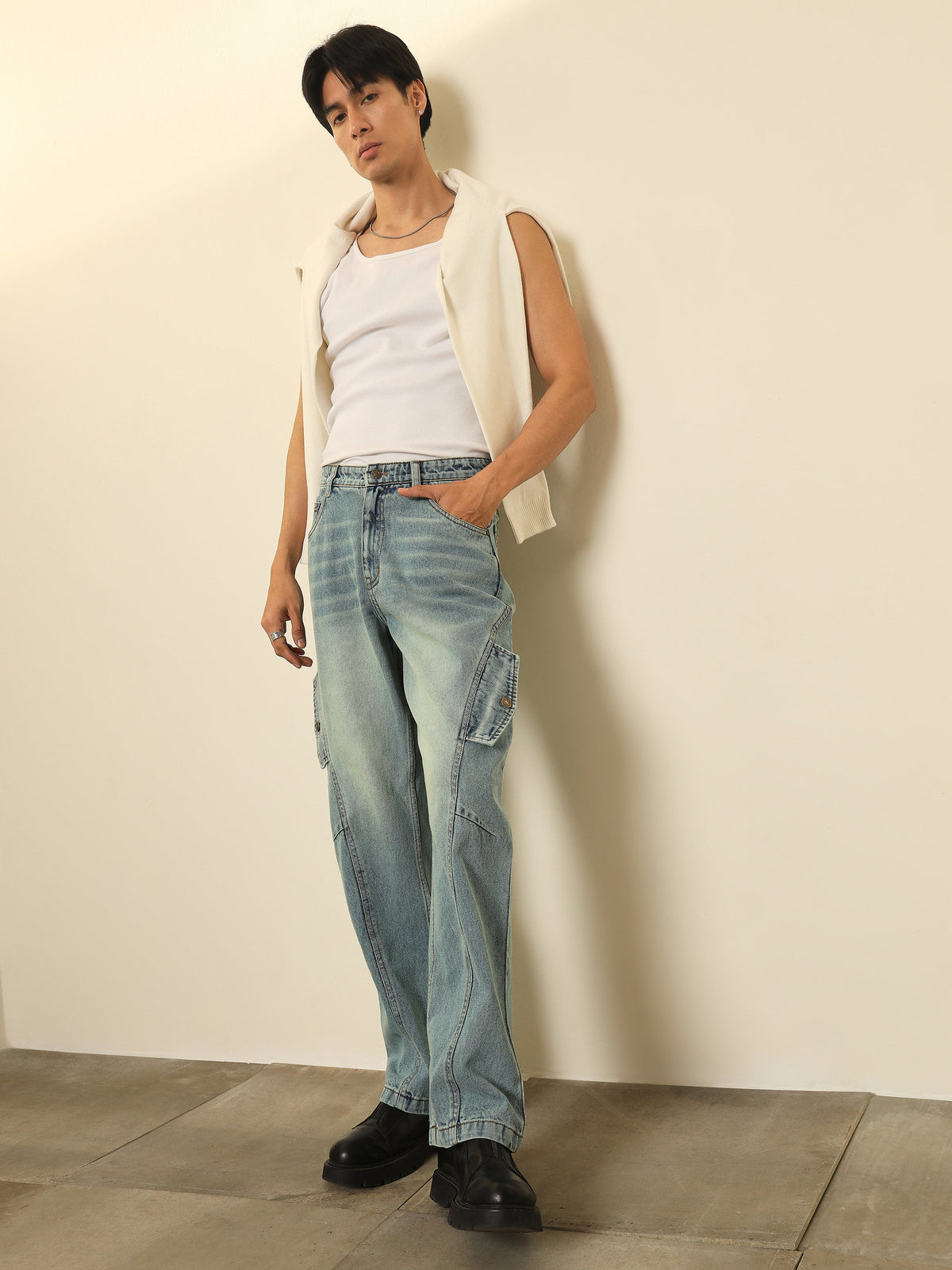 Blue Acid Wash Side Flap Relax Fit Jeans-MASCLN SASSAFRAS