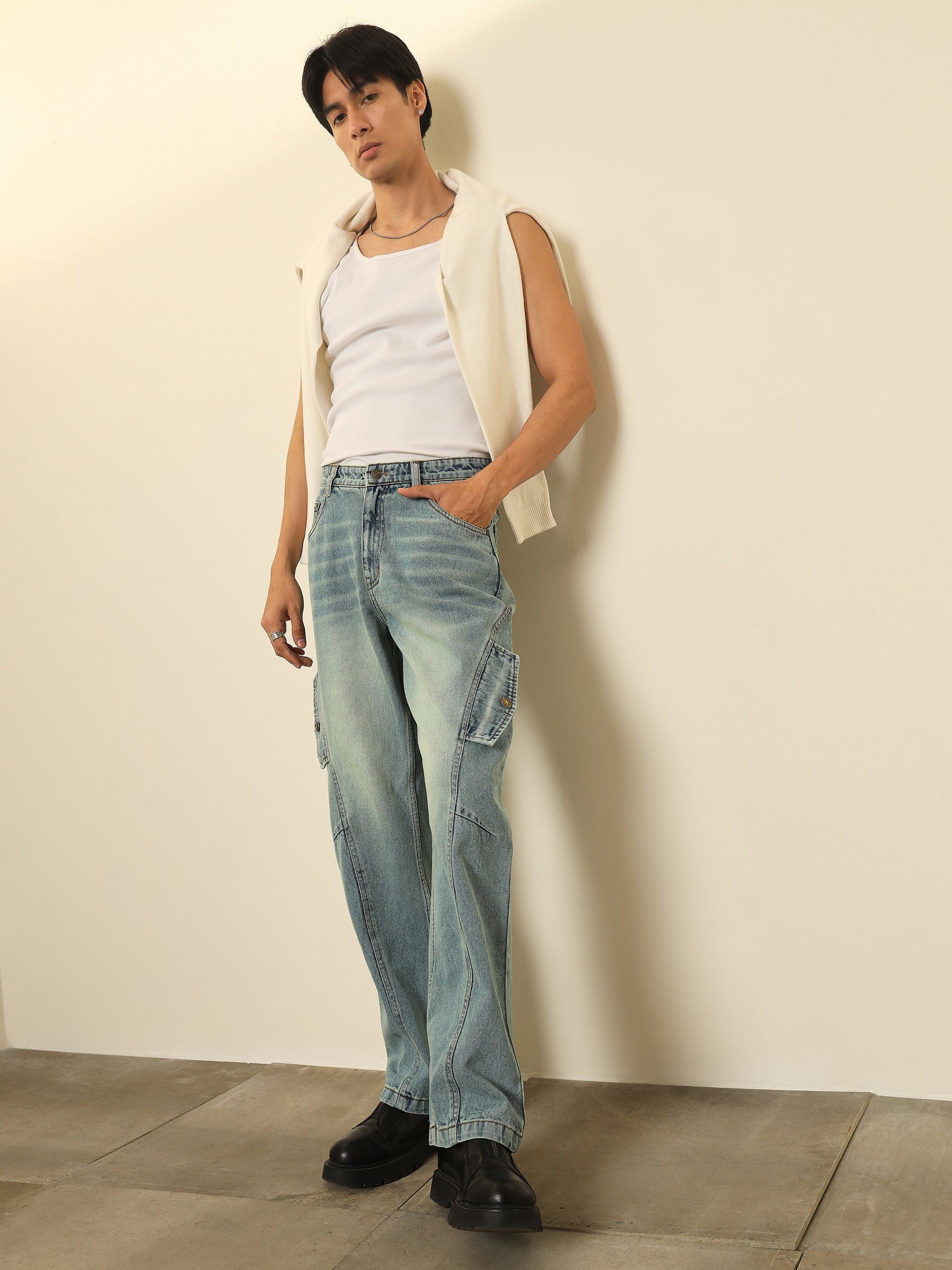 Blue Acid Wash Side Flap Relax Fit Jeans-MASCLN SASSAFRAS
