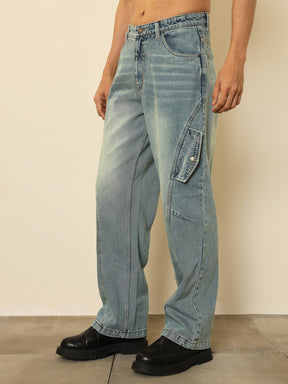 Blue Acid Wash Side Flap Relax Fit Jeans-MASCLN SASSAFRAS