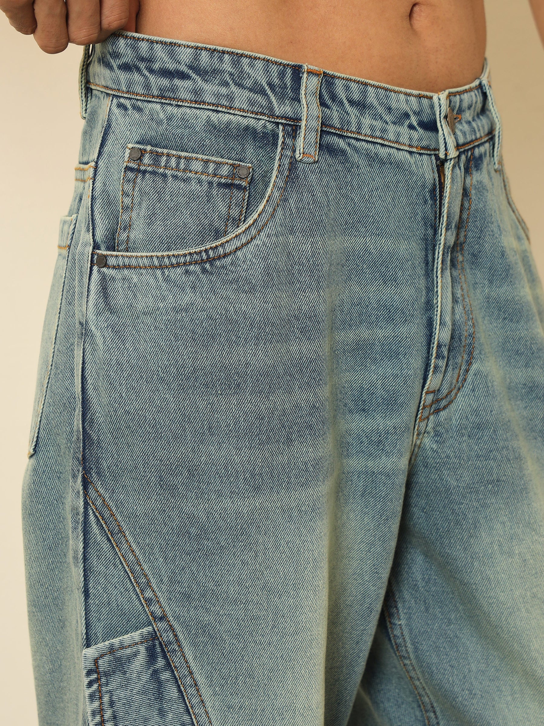 Blue Acid Wash Side Flap Relax Fit Jeans-MASCLN SASSAFRAS