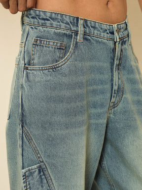 Blue Acid Wash Side Flap Relax Fit Jeans-MASCLN SASSAFRAS