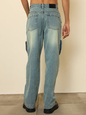 Blue Acid Wash Side Flap Relax Fit Jeans-MASCLN SASSAFRAS