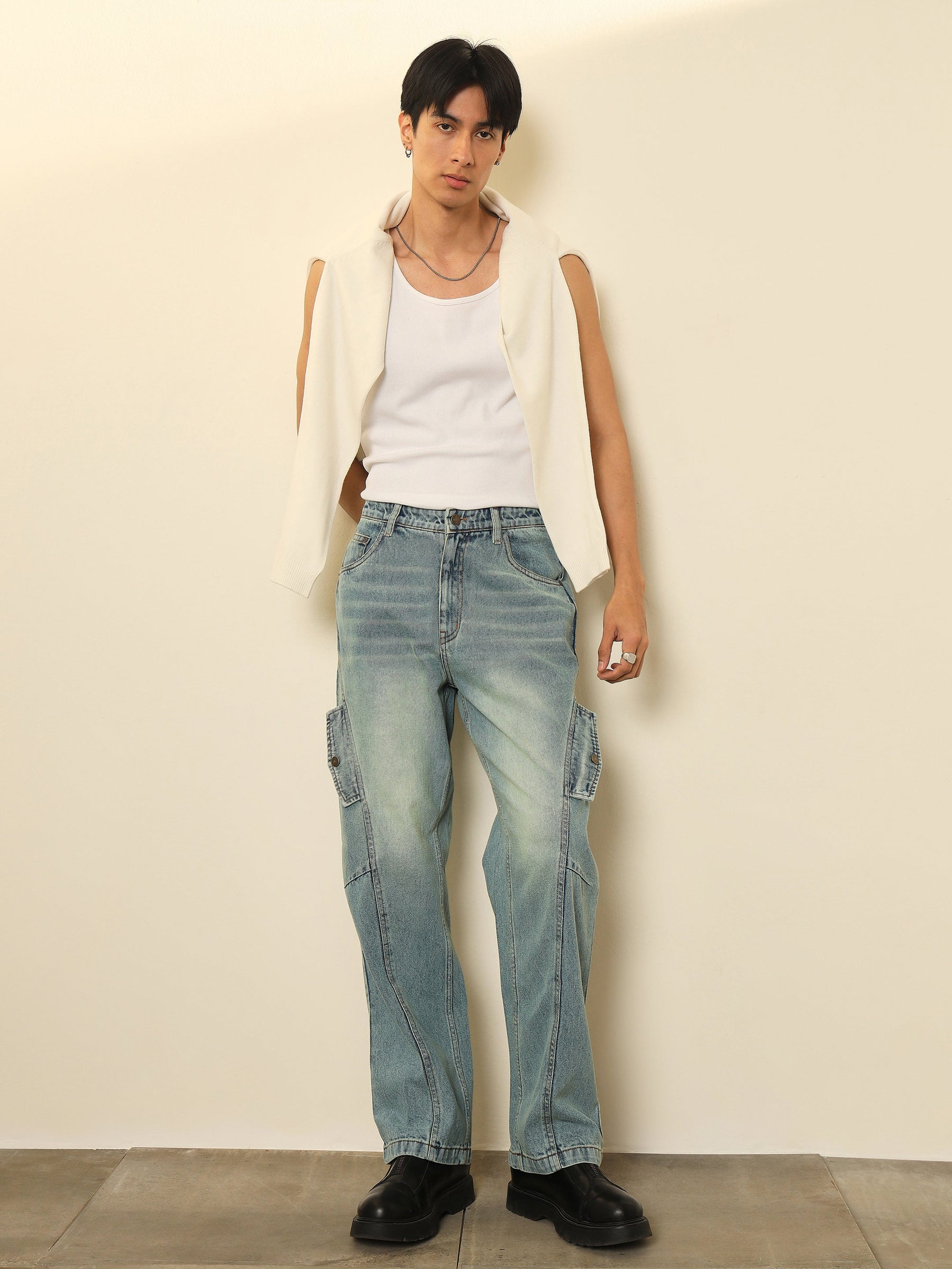 Blue Acid Wash Side Flap Relax Fit Jeans-MASCLN SASSAFRAS