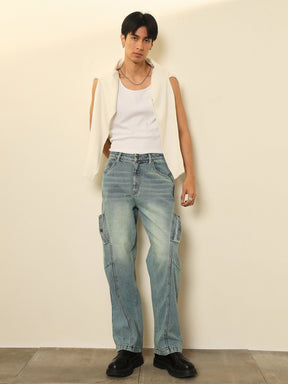Blue Acid Wash Side Flap Relax Fit Jeans-MASCLN SASSAFRAS