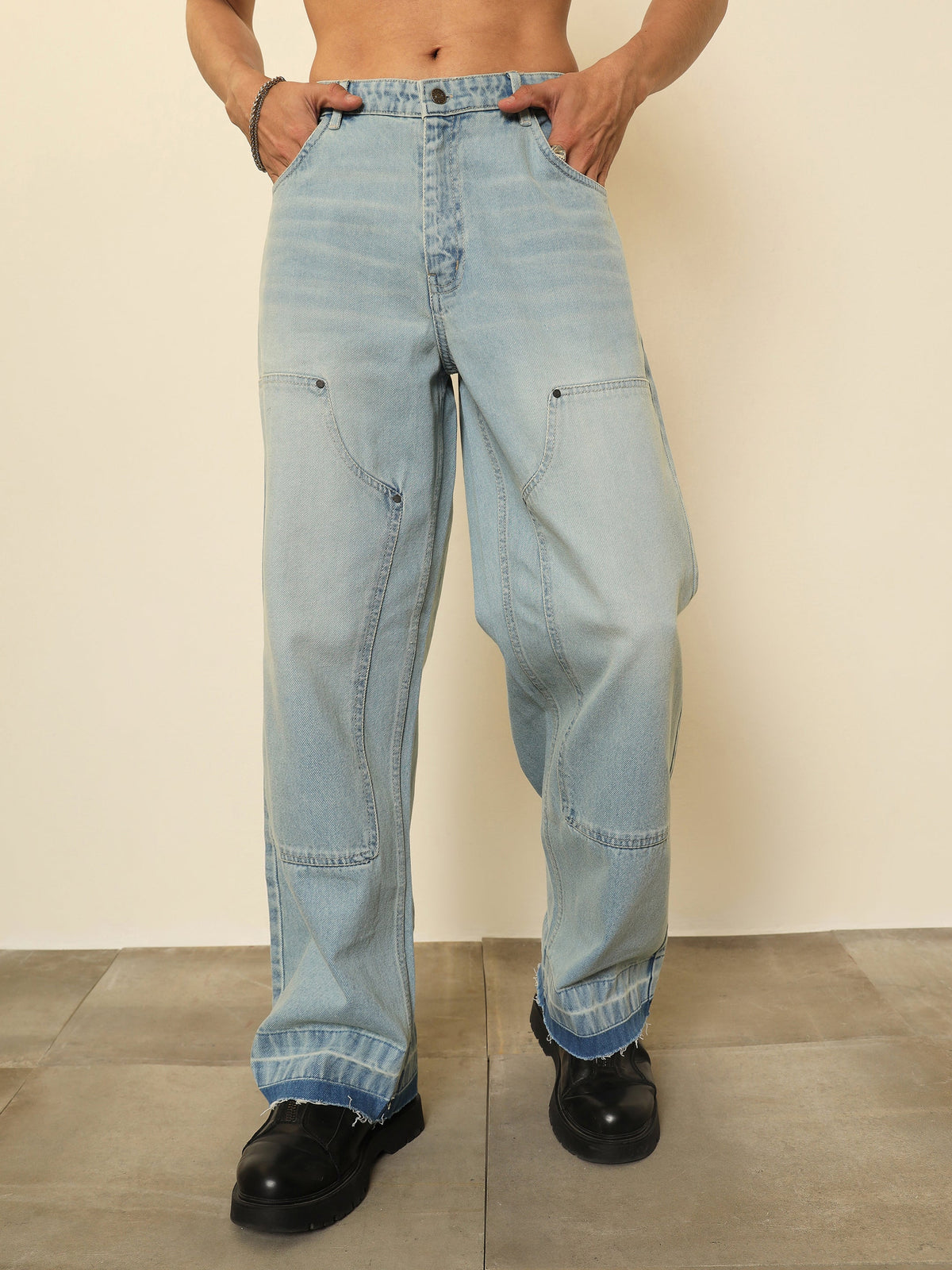 Light Blue Frayed-Hem Relax Fit Carpenter Jeans-MASCLN SASSAFRAS
