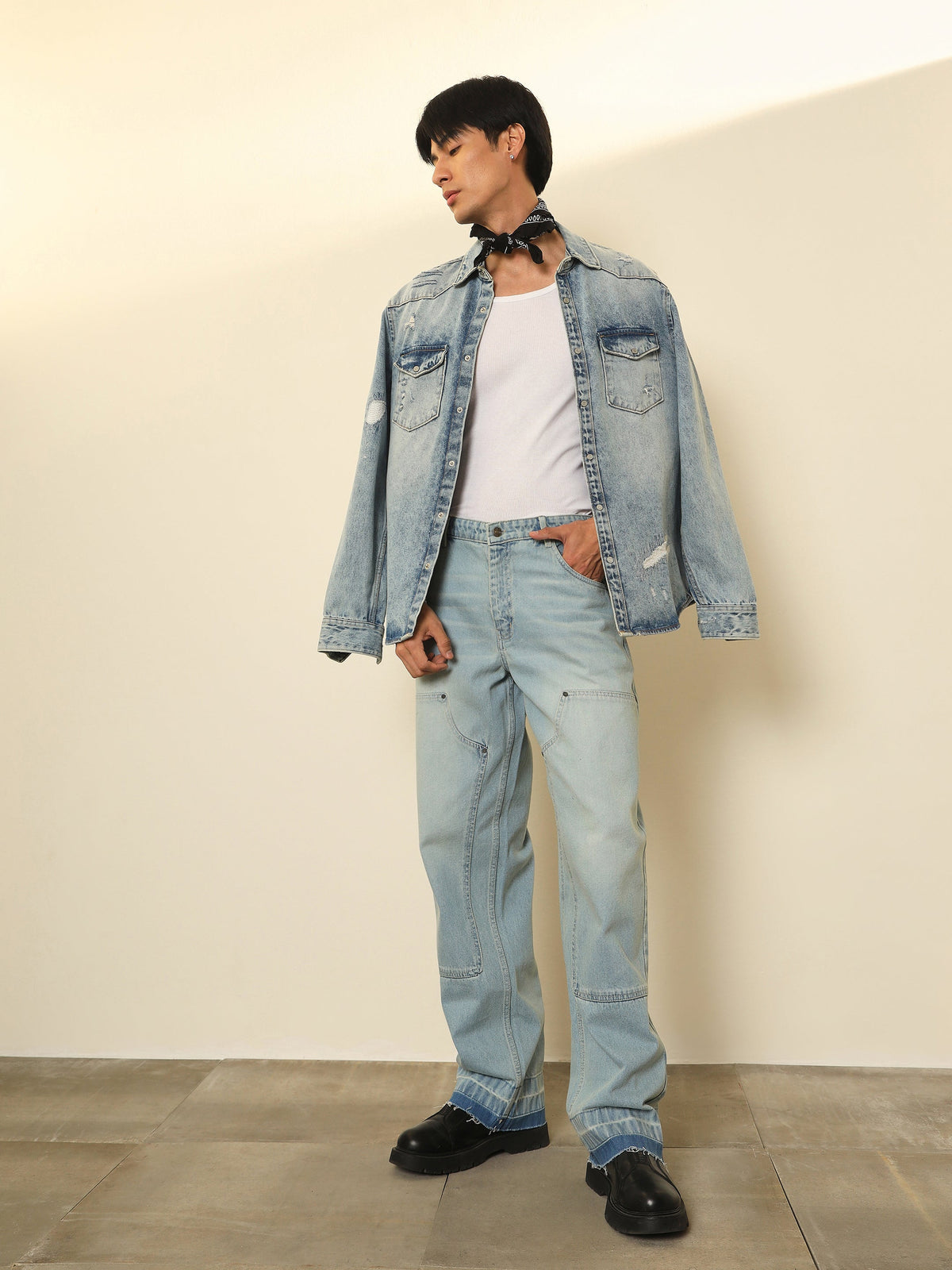 Light Blue Frayed-Hem Relax Fit Carpenter Jeans-MASCLN SASSAFRAS