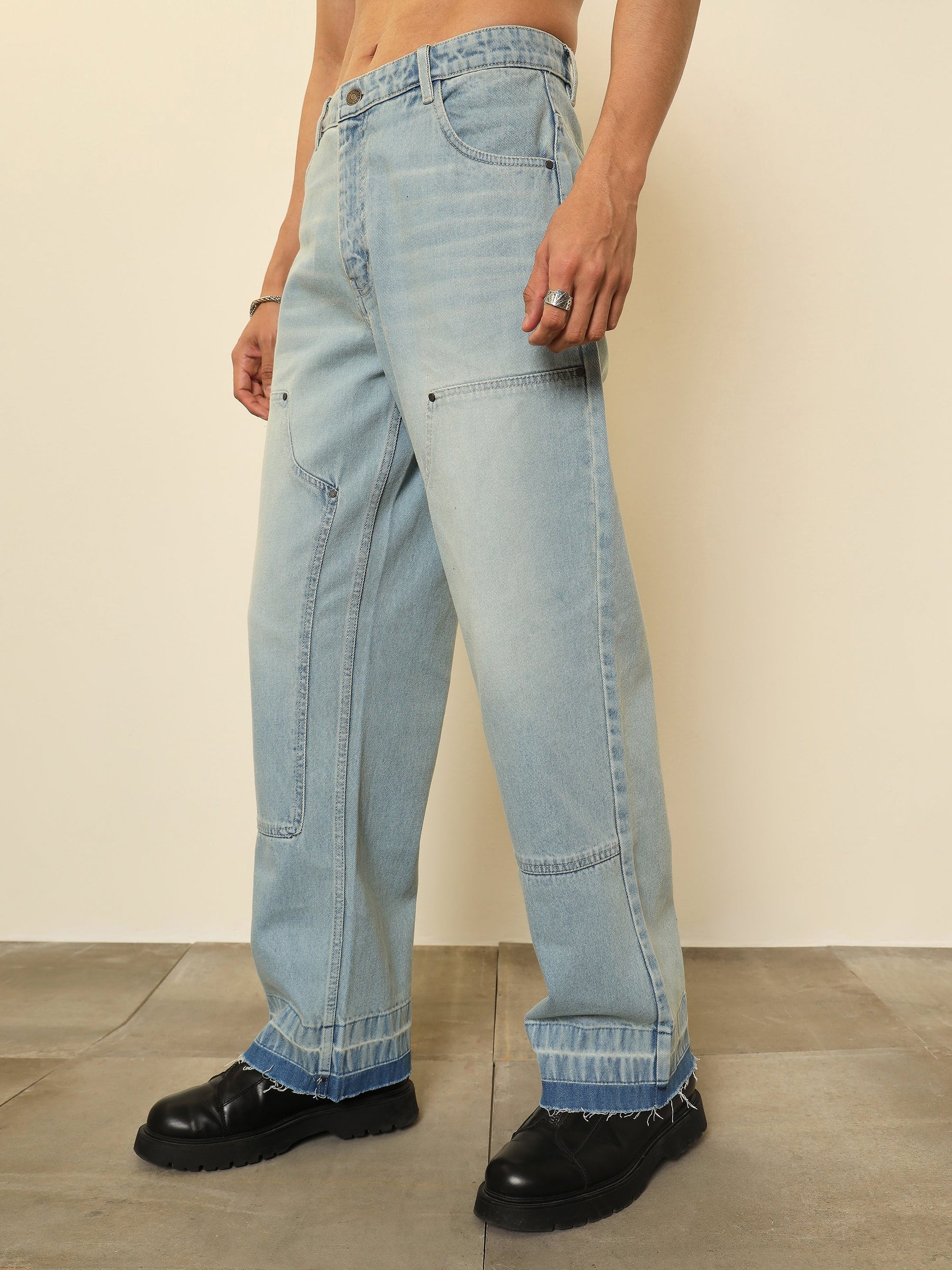 Light Blue Frayed-Hem Relax Fit Carpenter Jeans-MASCLN SASSAFRAS