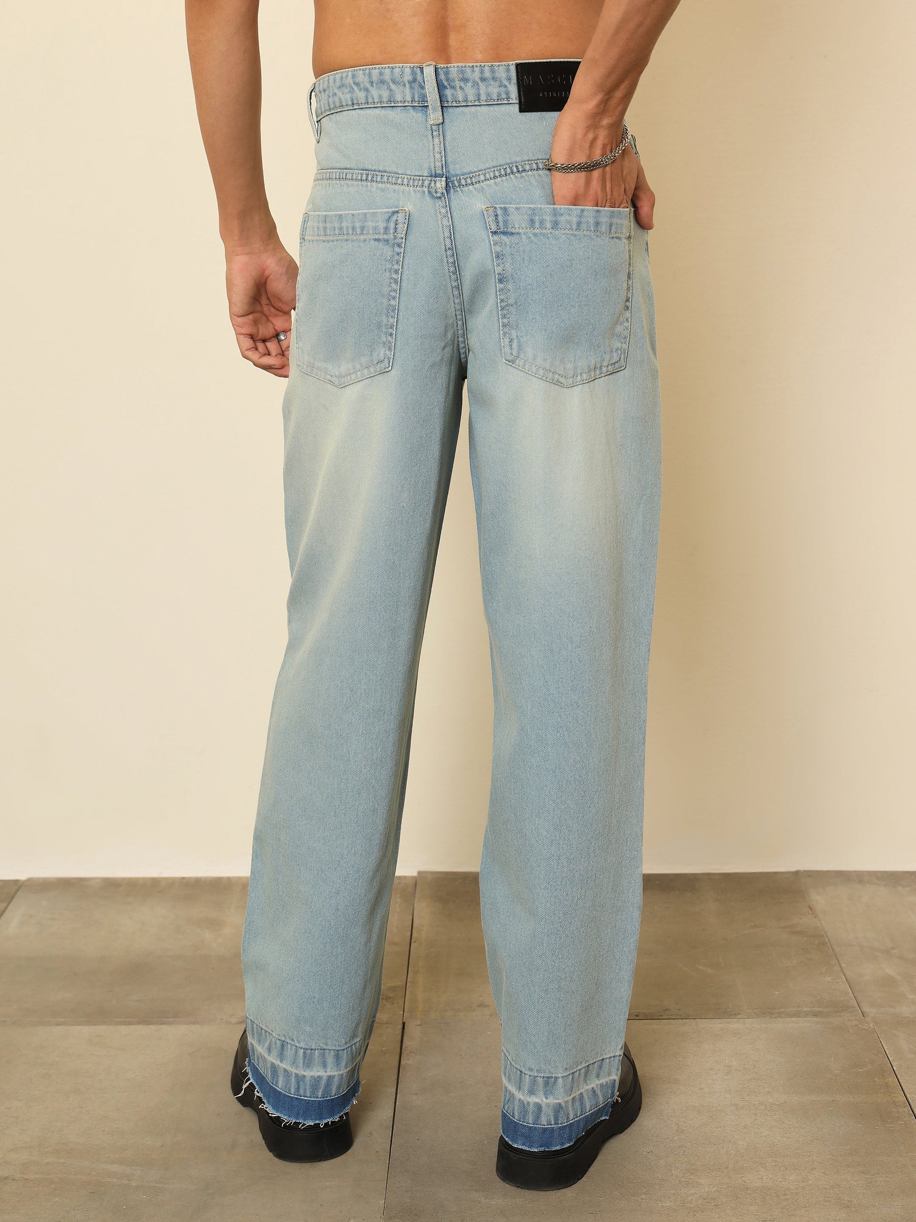 Light Blue Frayed-Hem Relax Fit Carpenter Jeans-MASCLN SASSAFRAS