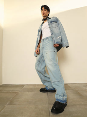 Light Blue Frayed-Hem Relax Fit Carpenter Jeans-MASCLN SASSAFRAS